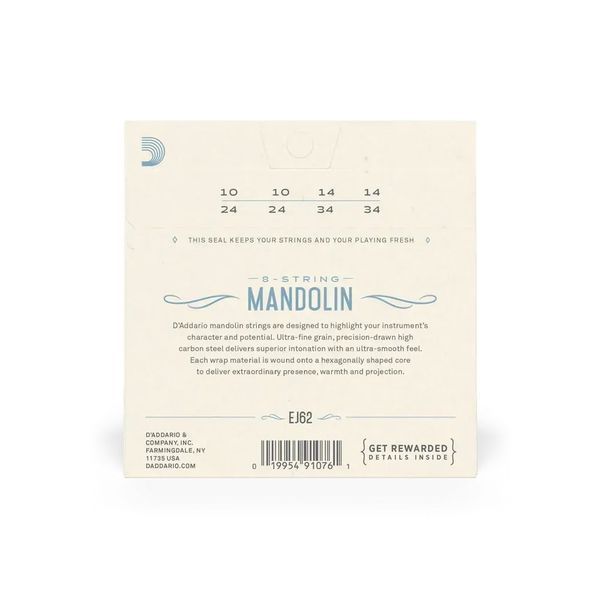 Струни для мандоліни D'Addario EJ62 Mandolin 80/20 Bronze Light (10-34) 32837 фото